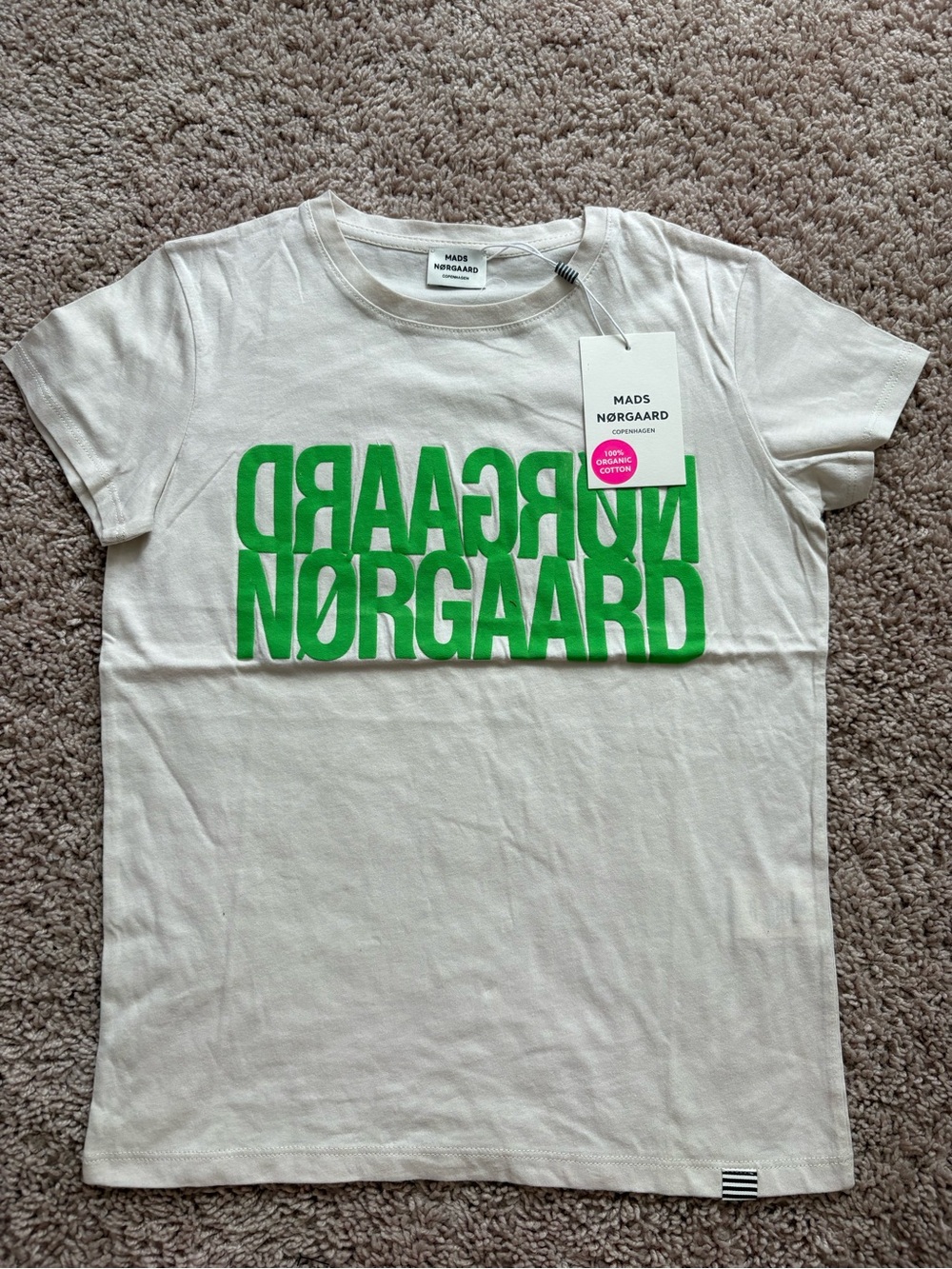Mads Norgaard Kids White Tee with Bright Green Logo Print